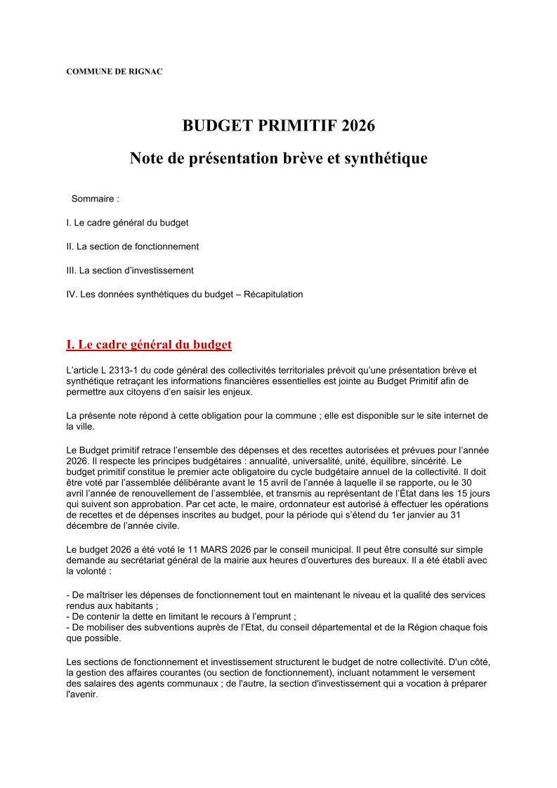 Note Brève et synthétique budget 2026